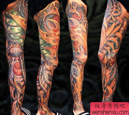 文身秀图吧推荐一幅机械花腿文身作品