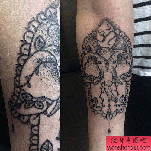 文身秀图吧推荐 一幅手臂点刺象文身作品