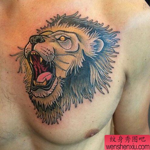 文身秀图吧推荐一幅胸口狮子文身作品