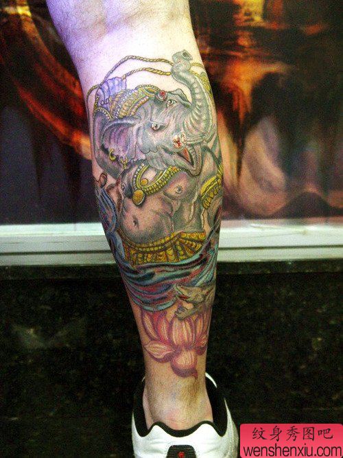 文身馆推荐一幅腿部宗教彩色象神文身作品