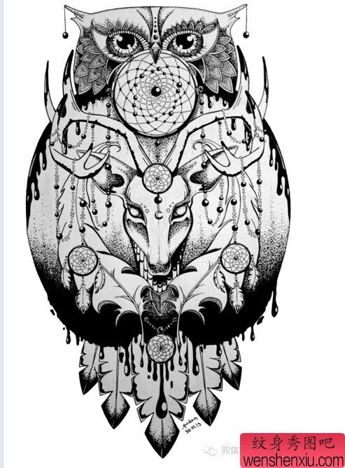 文身秀图吧推荐一幅黑白猫头鹰文身手稿作品