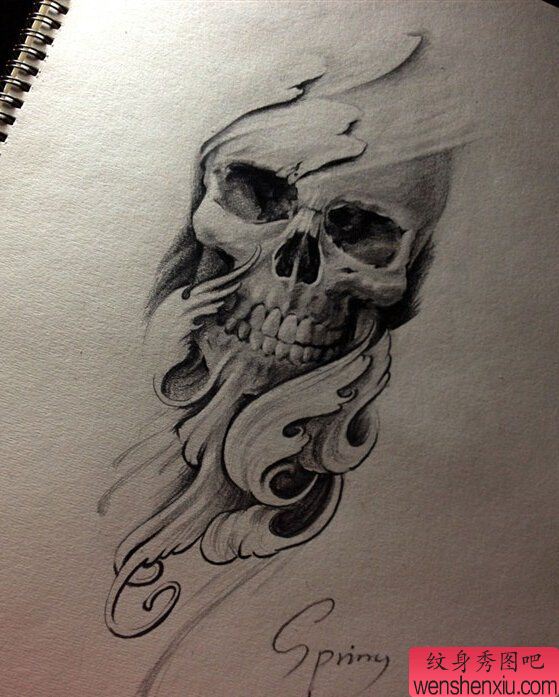 一幅黑白素描骷髅文身手稿作品由文身秀图吧分享