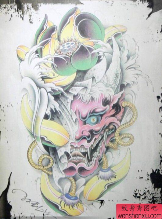 文身秀图吧推荐一幅彩色般若莲花文身作品