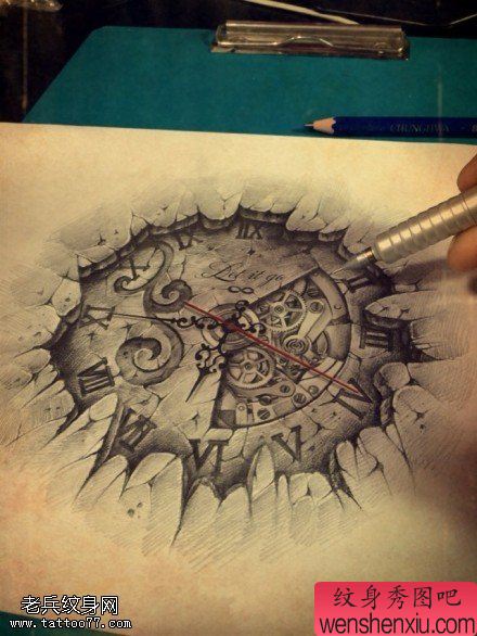 文身秀图吧分享一幅机械时钟文身手稿作品