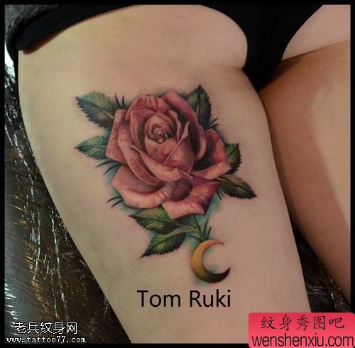 文身秀图吧推荐一幅腿部玫瑰花文身作品