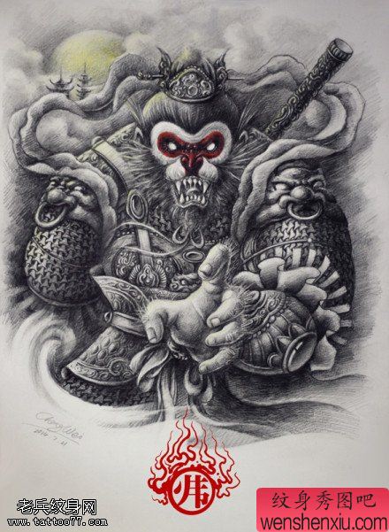 文身秀图吧分享一幅齐天大圣孙悟空文身手稿作品