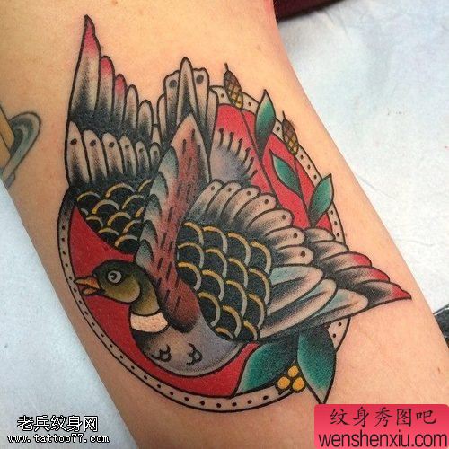 文身秀图吧推荐一幅手臂彩色燕子文身作品