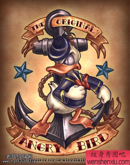 文身秀图吧推荐一幅船锚唐老鸭文身手稿作品