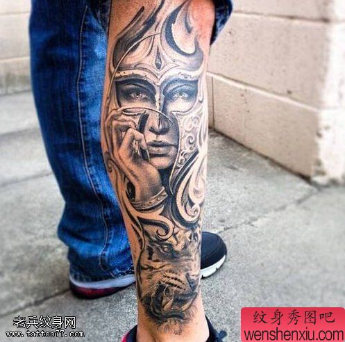 文身秀图吧推荐一幅腿部老虎赵云文身作品