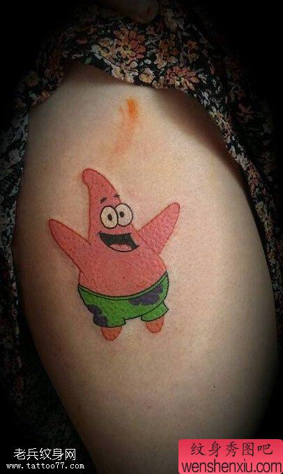 腿部卡通派大星文身作品由文身秀图吧分享