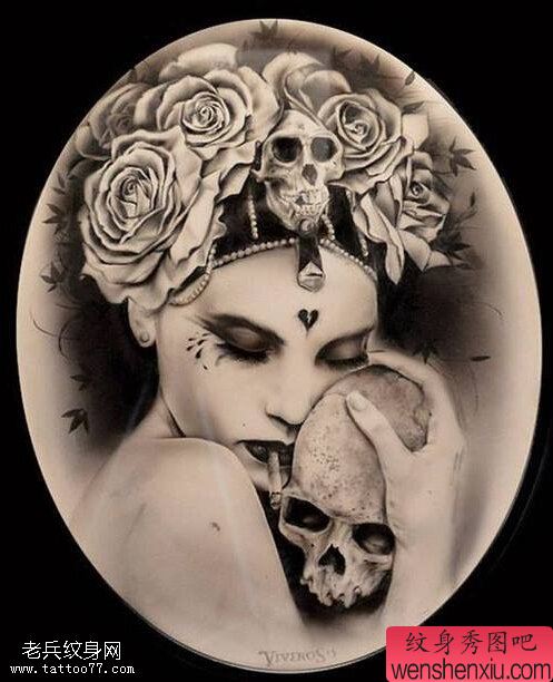 文身秀图吧推荐一幅女郎玫瑰骷髅文身手稿作品