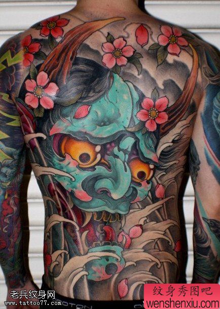 满背彩色般若文身作品由文身秀图吧分享
