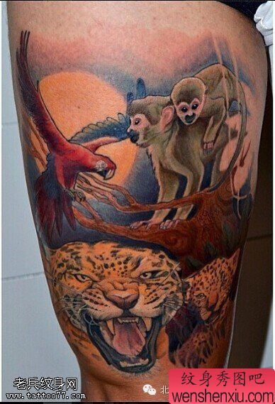 腿部豹子老鹰猴子文身作品由文身秀图吧分享