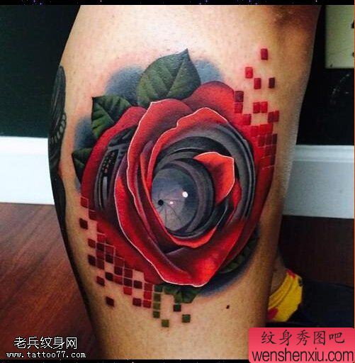 腿部玫瑰花文身作品由文身秀图吧分享