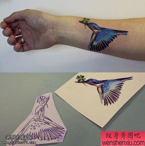 手臂彩色蜂鸟文身作品由文身秀图吧分享
