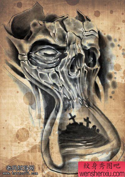 文身秀图吧推荐一幅骷髅沙漏文身手稿作品