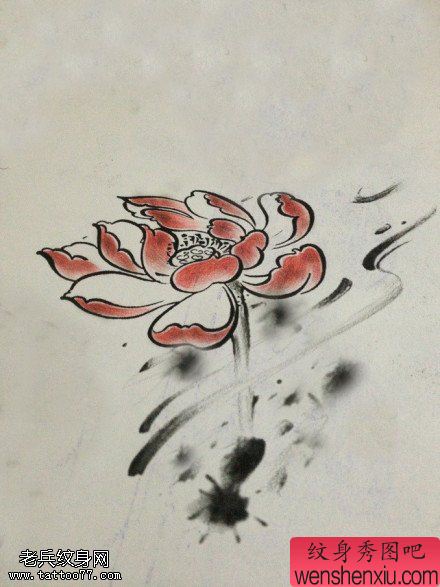 文身秀图吧推荐一幅水墨莲花文身作品