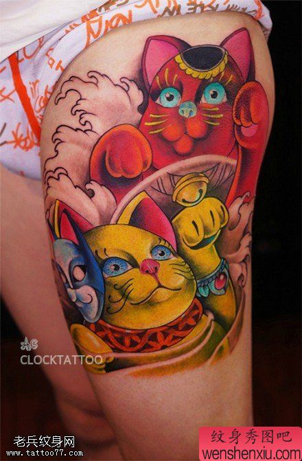 腿部彩色招财猫文身手稿图片