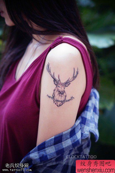 女人手臂黑白羚羊字母文身图片