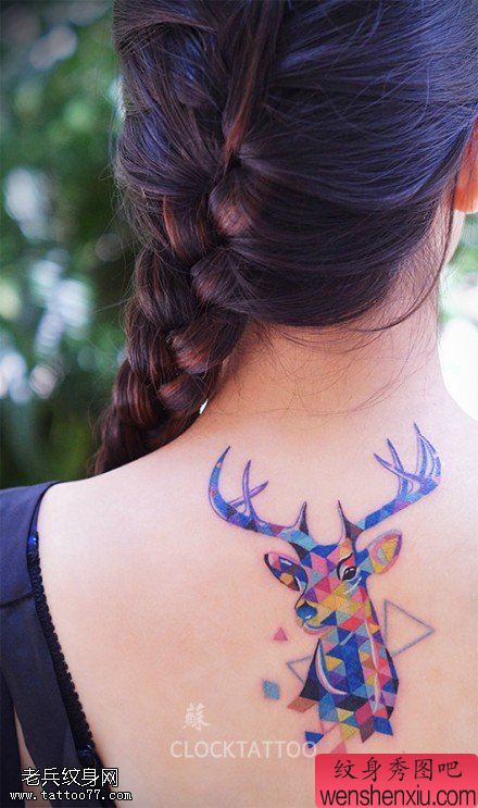 女人背部星空彩色羚羊文身图片