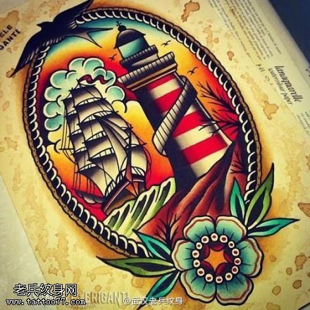 一组school彩色风格灯塔文身作品