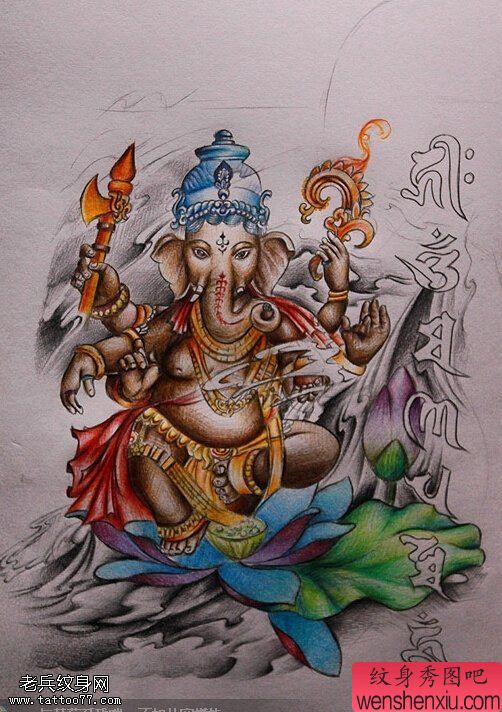 宗教彩色象神莲花梵文文身手稿图片
