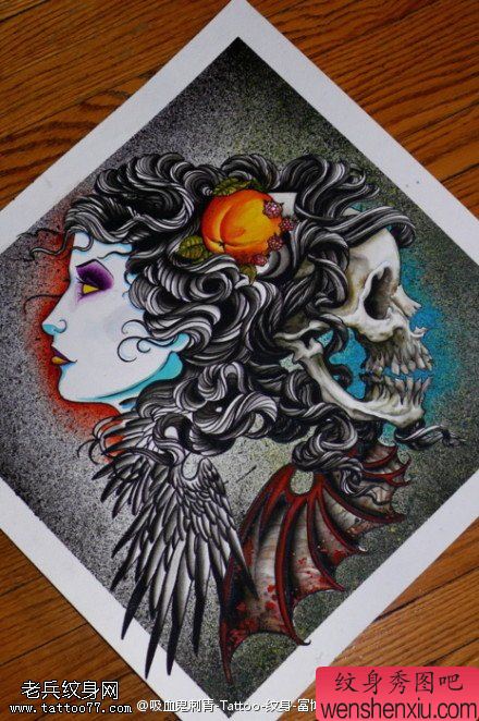 欧美彩色翅膀骷髅女郎文身图片