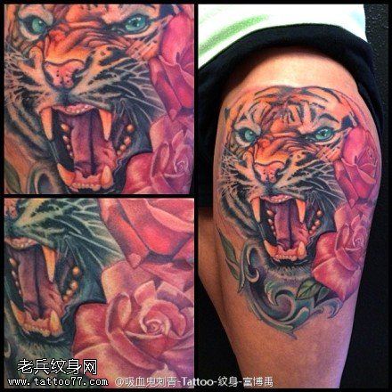 腿部彩色老虎头玫瑰花文身图片