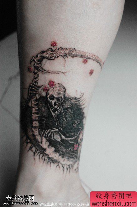 脚踝黑白死神文身图片由文身秀图吧分享