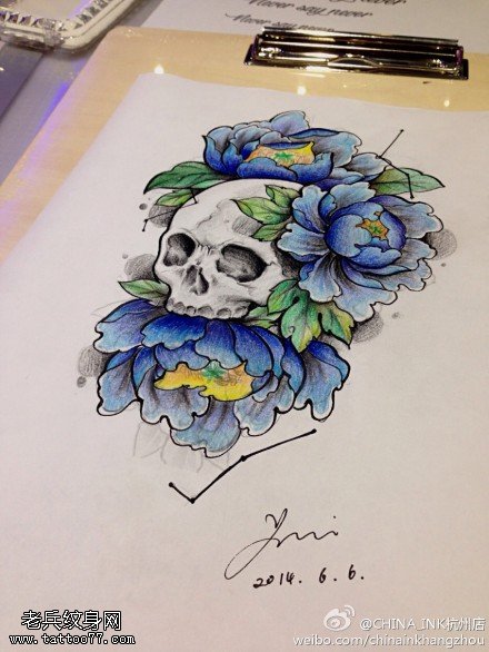 彩色骷髅牡丹文身手稿图片