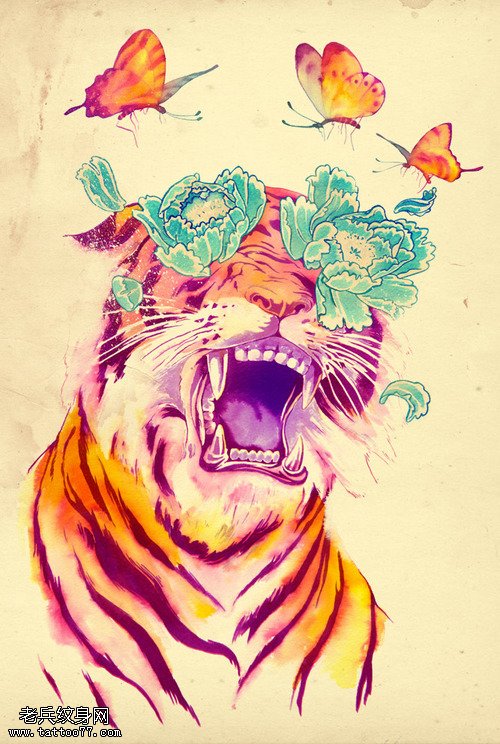 文身秀图吧分享一幅彩色创意老虎蝴蝶文身手稿图片