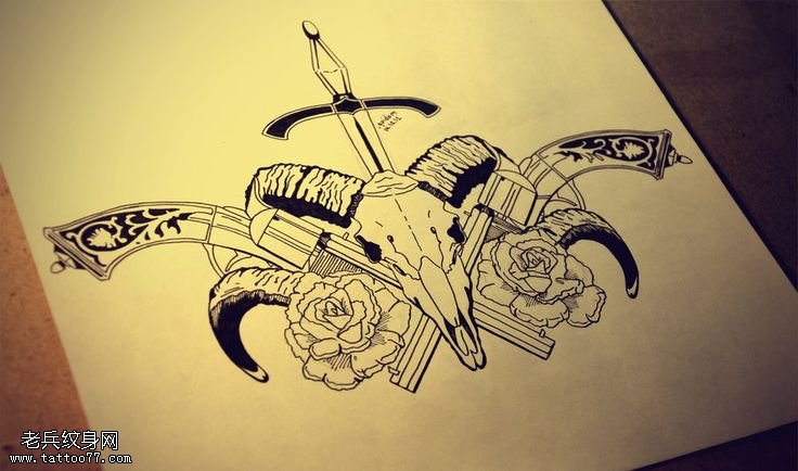 手枪羚羊匕首玫瑰花文身手稿作品