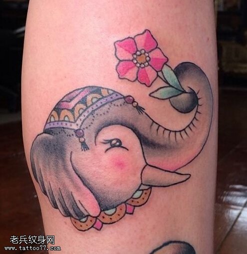 文身秀图吧推荐一幅腿部彩色象文身图片