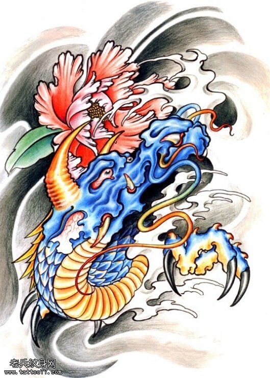 彩色龙头牡丹文身图片由文身秀图吧分享