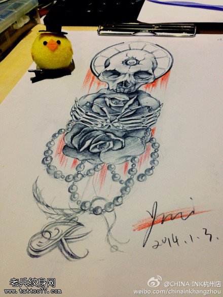 彩色骷髅玫瑰文身手稿作品由文身秀图吧分享