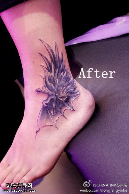 脚部天使恶魔翅膀文身作品