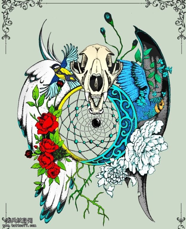 彩色羚羊翅膀牡丹花文身手稿作品