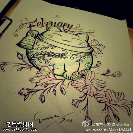 彩色可爱的招财猫文身作品