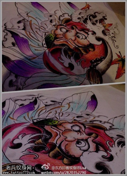文身秀图吧推荐一幅彩色达摩文身手稿作品