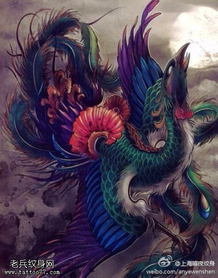 文身秀图吧推荐一幅彩色凤凰文身手稿作品