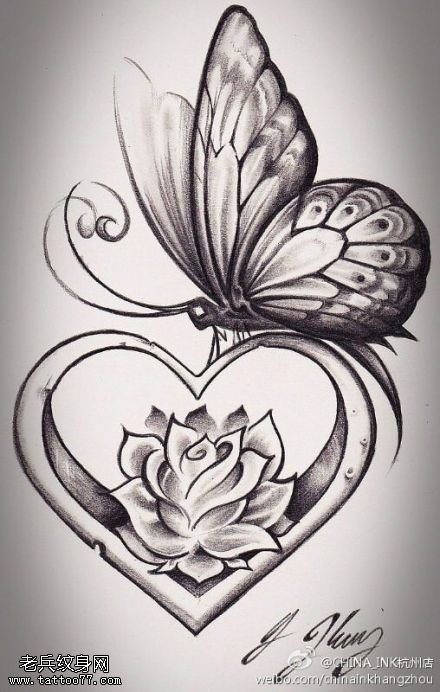 蝴蝶爱心文身手稿作品由文身秀图吧分享