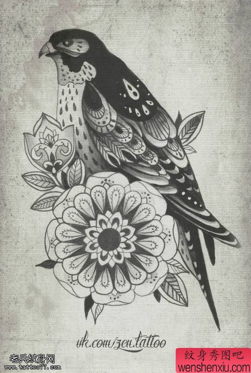 一幅梵花鸟类文身手稿作品由文身分享