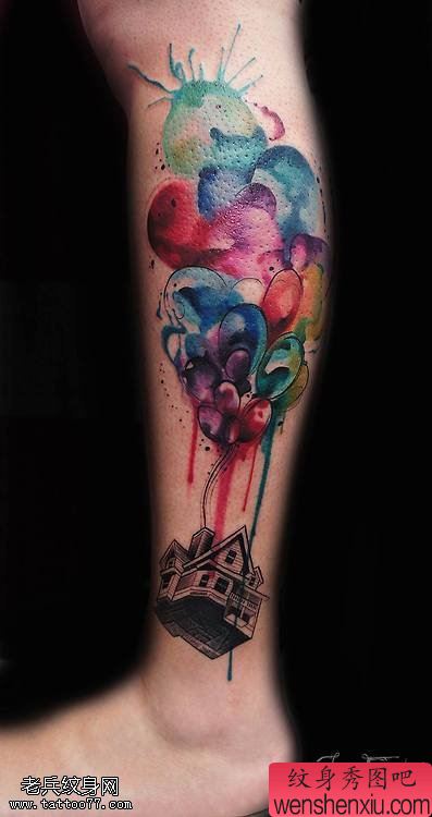 腿部彩色气球房子文身作品由文身分享