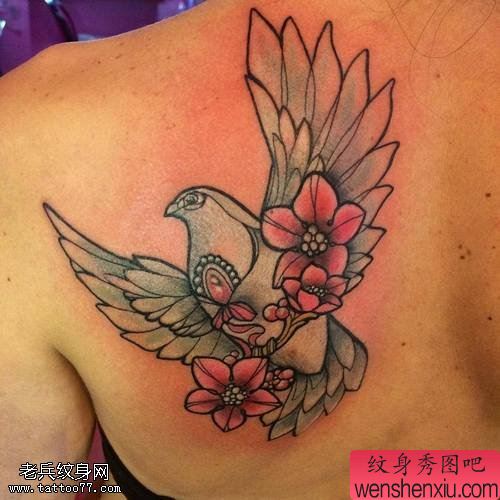 文身秀图吧推荐一幅彩色和平鸽文身作品