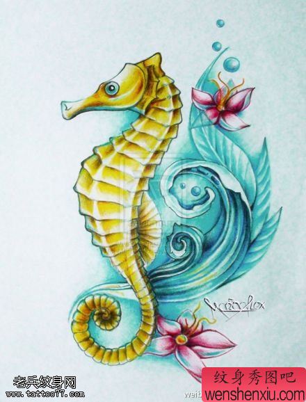 一幅彩色海马文身图片由文身分享