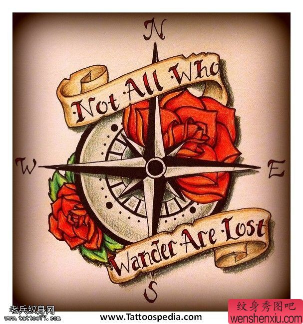 彩色指南针罗盘玫瑰花字母文身作品