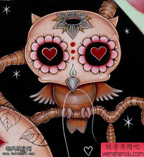 卡通彩色猫头鹰文身手稿作品由文身馆分享