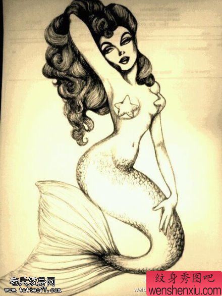 一幅美人鱼文身手稿作品由文身分享