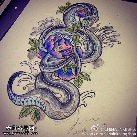 文身馆推荐一幅牡丹蛇文身作品