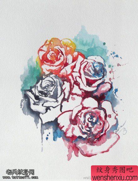 水彩风格玫瑰花文身作品